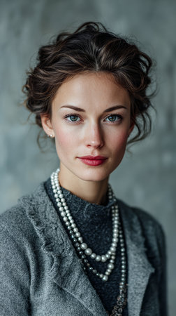 A young woman with curly hair styled elegantly stands confidently, wearing layered pearl necklaces and a cozy gray outfit in a minimalistic indoor space, expressing a sense of style and poise.の素材