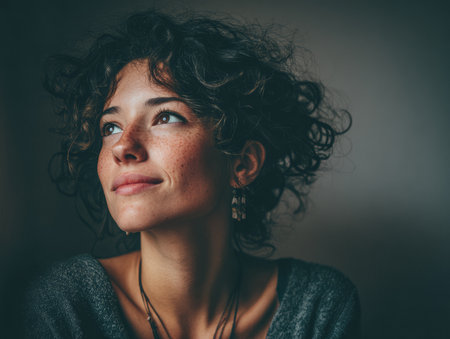 A young woman with curly hair and freckles looks upward with a serene expression. Her cozy sweater and jewelry suggest a relaxed atmosphere in a dimly lit room.の素材