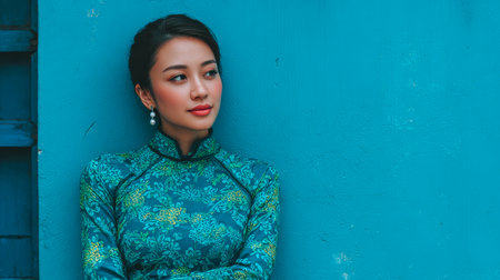 A young woman stands elegantly against a bright blue wall, wearing a traditional outfit adorned with floral patterns. She gazes thoughtfully, showcasing her beauty and style.の素材