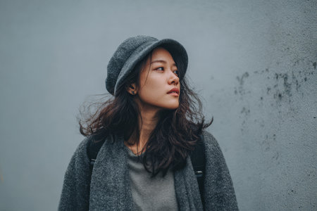 A young woman stands against a textured gray wall, adorned in a warm gray coat and hat. She gazes thoughtfully into the distance, her hair gently flowing with a soft breeze.の素材