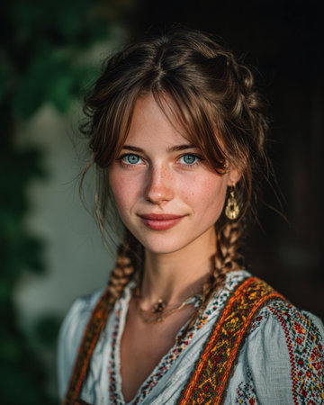 A young woman stands outside, showcasing her elegant braided hair and colorful traditional attire. Her bright blue eyes and warm smile are highlighted by the soft evening light.の素材