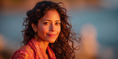 A woman with curly hair stands near the water, enjoying a beautiful sunset. The warm light highlights her features, and her smile radiates joy and tranquility.の素材