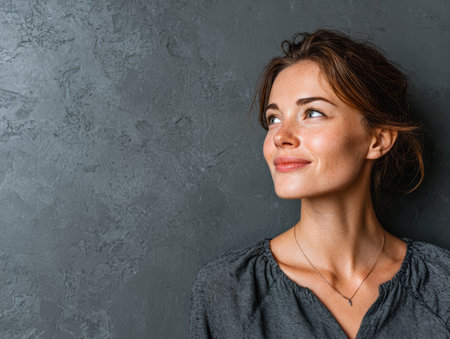 A young woman stands against a gray wall, smiling and looking off to the side with a thoughtful expression. Her hair is styled loosely, and the lighting creates a warm atmosphere.の素材