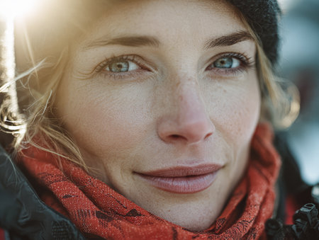 A woman stands in a snowy environment, her blue eyes reflecting warmth. She wears a red scarf and a dark winter hat, suggesting a cold morning outside.の素材