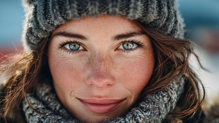 A young woman with beautiful blue eyes stands in a snowy landscape, wearing a warm knitted hat and scarf. The sunlight highlights her features, giving a serene and peaceful atmosphere.の素材