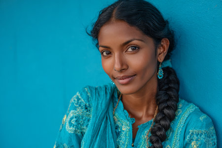 A woman with long, dark hair styled in a braid is leaning against a vibrant blue wall. She is wearing intricate blue clothing and has a calming smile that expresses confidence and warmth.の素材