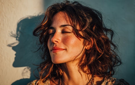 A young woman with curly hair closes her eyes and smiles softly, basking in the warm sunlight. The gentle glow highlights her serene expression and creates a beautiful shadow on the wall.の素材