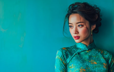 A young woman in a vibrant traditional outfit stands gracefully against a striking teal wall. She gazes thoughtfully, highlighting her elegance and poise.の素材