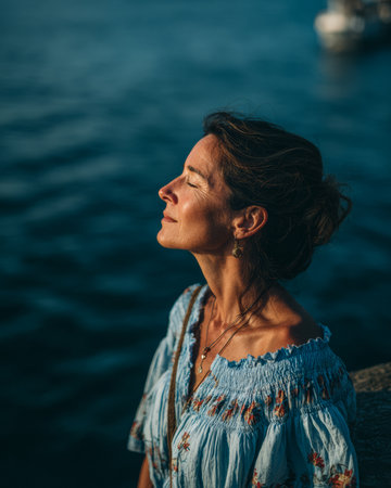 A woman stands near the water, soaking in the warm sunlight as the sunset paints the sky. She appears calm and reflective, enjoying the serene atmosphere of the moment.の素材
