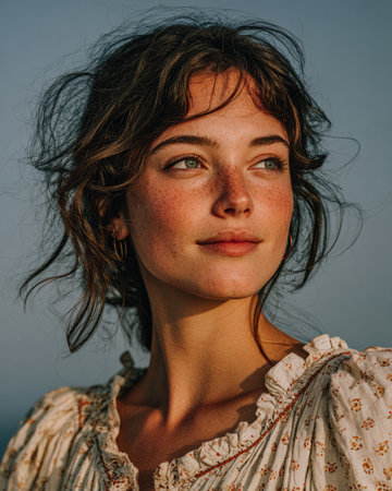 A young woman stands on the beach, looking towards the horizon. Her hair is slightly tousled by the wind, and the warm light highlights her features as the sun sets behind her.の素材