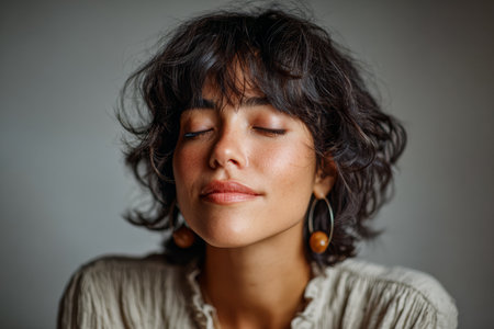 A young woman with short, curly hair and large earrings sits peacefully, eyes closed, embodying a serene expression. The warm light gently highlights her features, creating a tranquil atmosphere.の素材