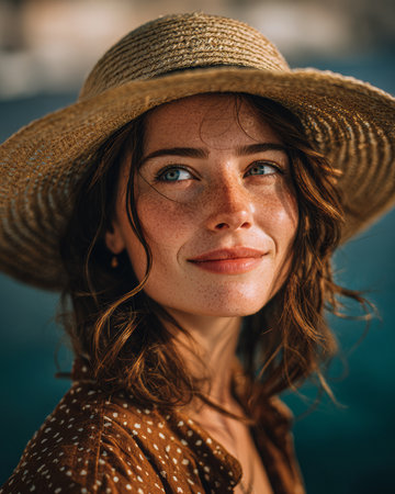 A woman with curly brown hair and freckles smiles gently while wearing a straw hat. She is near water, enjoying a bright and sunny day, reflecting peace and happiness.の素材