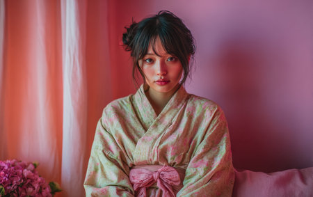 A young woman wearing a beautiful traditional outfit relaxes in a pastel-colored room. Soft light highlights her features as she gazes thoughtfully at the viewer.の素材
