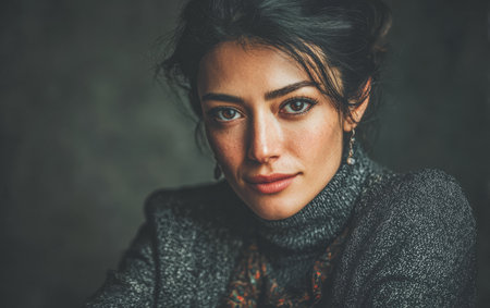 A young woman with striking features gazes directly at the camera, dressed in a cozy sweater. The soft lighting highlights her confident expression and stylish look in a dimly lit space.の素材