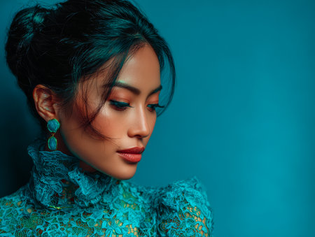 A woman with intricate earrings is captured in profile, showcasing her elegant blue lace dress. The teal background adds a striking contrast, highlighting her features.の素材