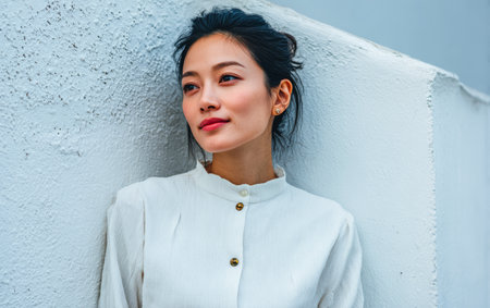 A young woman stands confidently by a textured wall, wearing a chic outfit. Her hairstyle and relaxed pose suggest a sense of elegance. The setting captures a contemporary urban vibe.の素材