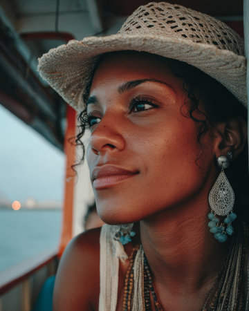 A young woman with curly hair and earrings enjoys a peaceful moment on a boat. She gazes thoughtfully at the water as the sun sets, creating a serene atmosphere.の素材