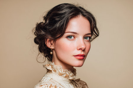A woman poses gracefully with a soft expression, showcasing her elegant hairstyle and vintage dress. The neutral background enhances her natural beauty and charm.の素材