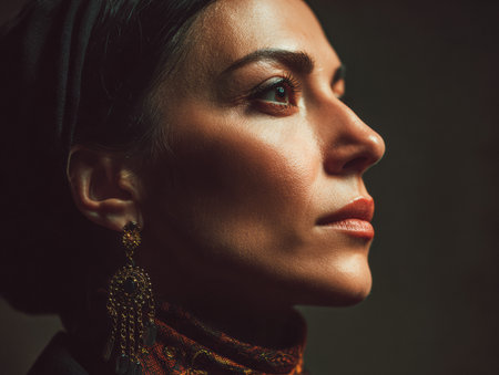 A woman stands in profile, showcasing detailed earrings and a traditional outfit. The soft lighting highlights her striking features and elegant expression during an indoor photoshoot.の素材