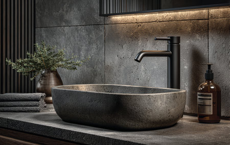 A beautiful stone sink is featured in a stylish bathroom setting. The dark textures and soft lighting create a serene atmosphere, enhancing a sense of luxury and relaxation.の素材