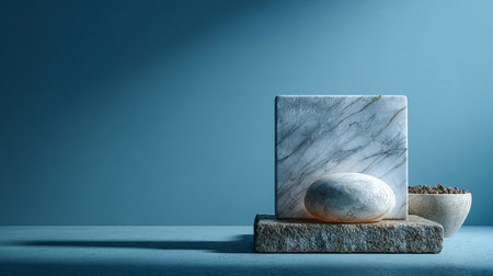 A serene arrangement featuring a marble block, a smooth stone, and a small bowl filled with earthy materials, set against a calming blue background.の素材