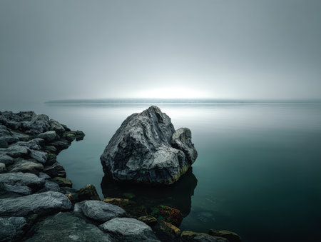 A large rock rests partially submerged in a calm lake, surrounded by smaller stones along the shore. The scene is shrouded in fog, creating a peaceful morning atmosphere.の素材