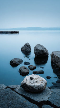 Calm waters reflect the twilight sky as stones emerge from the lake's surface. A serene atmosphere prevails with gentle ripples and distant hills in the background.の素材