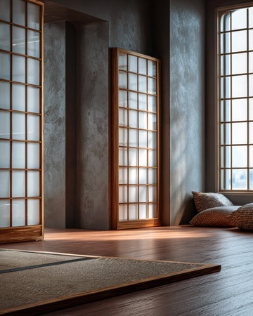 Soft sunlight fills a peaceful room with shoji doors, wooden flooring, and cozy cushions. The calming atmosphere invites relaxation and tranquility in the space.の素材