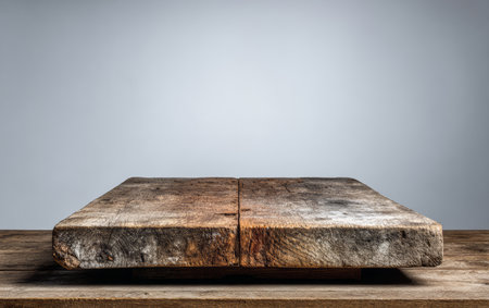 Weathered wooden cutting board rests on a table with a simple neutral backdrop. Ideal for food preparation or as a decorative kitchen piece, highlighting organic textures and shapes.の素材