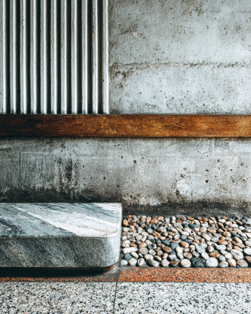 This contemporary interior showcases a combination of polished stone, wooden accents, and exposed concrete. Smooth surfaces meet rough textures, creating a tranquil and stylish environment.の素材