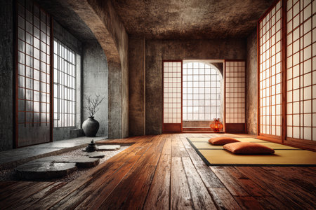 A peaceful room features natural light streaming through large shoji windows. Simple wooden floors and cushions create a tranquil atmosphere perfect for relaxation or meditation.の素材