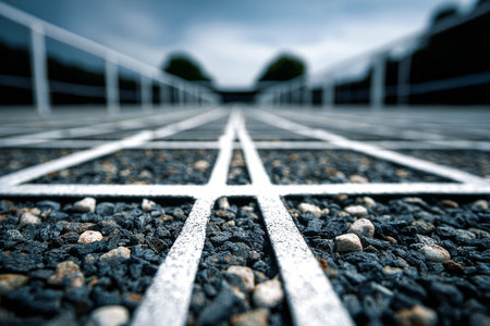 Grid lines painted on a gravel surface create a striking pattern at an outdoor area. The scene is set against a cloudy backdrop, giving a moody atmosphere.の素材