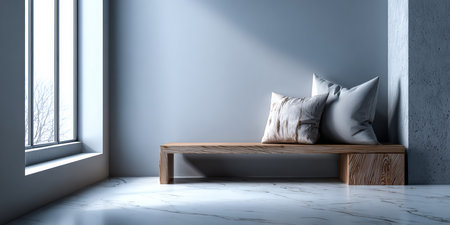 A stylish room features a wooden bench with soft cushions. Sunlight streams through large windows, highlighting the marble floor and simple decor.の素材