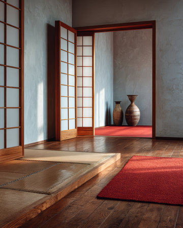 Sunlight filters through shoji doors, illuminating a peaceful interior space. The room features wooden floors, a red rug, and simple vases, promoting a calming atmosphere.の素材