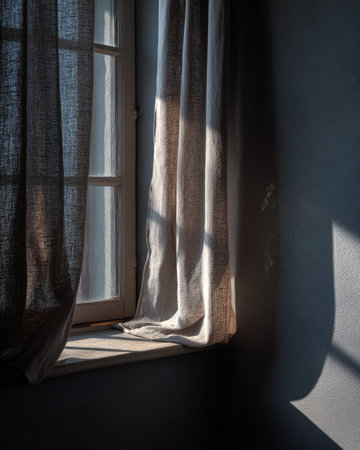 Sunlight filters through sheer curtains, creating delicate patterns on the wall and highlighting the calm atmosphere of the room. The scene captures a tranquil afternoon moment.の素材