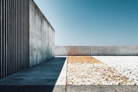A spacious outdoor area showcases modern minimalist architecture with concrete walls. Different gravel textures create contrast in this serene and well-lit space during midday.の素材