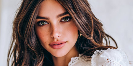 A young woman stands in a softly lit space, showcasing her long brown hair and green eyes. She wears a detailed white top and gives a warm, inviting expression to the camera.の素材