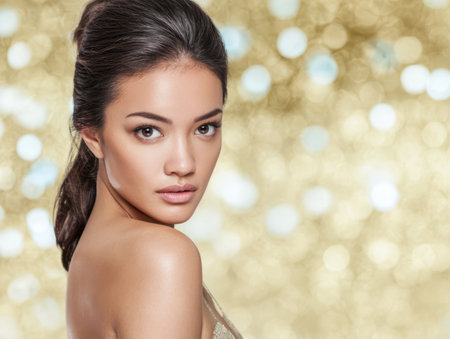 A young woman poses gracefully, showcasing her natural beauty. Her smooth skin and soft features stand out against a backdrop filled with golden bokeh lights, creating an elegant scene.の素材