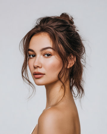 A model stands in a studio with soft lighting highlighting her features.の素材