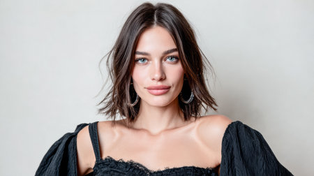 A young woman stands confidently with a stylish haircut. She wears a chic black outfit, showcasing her vibrant blue eyes and subtle makeup against a simple backdrop.の素材