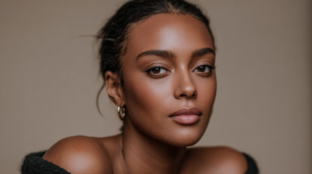 A confident woman with radiant skin and a relaxed expression poses against a soft neutral backdrop. Her natural beauty shines in the gentle lighting.の素材