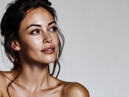 A young woman with long brown hair poses calmly, displaying her natural beauty. She gazes thoughtfully with soft lighting enhancing her features. The background is simple.の素材