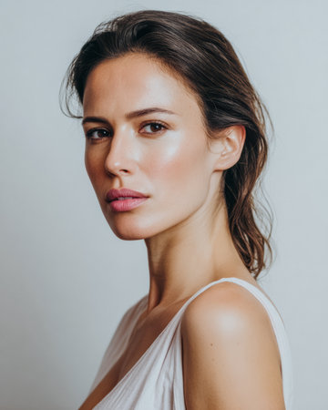 A woman is captured in a close-up portrait, highlighting her smooth skin and subtle makeup. Soft lighting enhances her features, providing an elegant and natural look in a simple backdrop.の素材