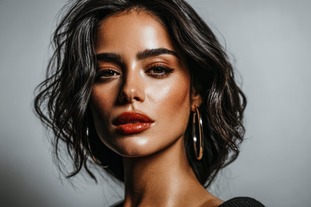 A model stands confidently with a striking look, showcasing her radiant skin and stylish jewelry. The setting features soft lighting that enhances her features.の素材