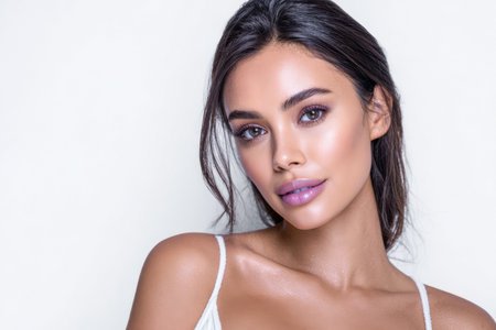 A young woman displays her beauty with natural makeup and soft features. Her hair is styled casually, and she radiates confidence and charm in a bright, minimal backdrop.の素材