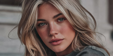 A young woman with beautiful long blonde hair and green eyes poses confidently outdoors. The warm natural light enhances her features, creating a serene and captivating atmosphere.の素材