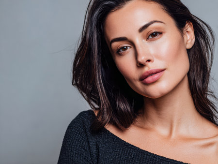 A woman poses confidently with soft, natural makeup. Her hair is styled casually, and she gazes directly at the viewer, displaying calm and poise in a minimalistic backdrop.の素材