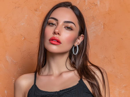 A young woman with long hair and striking makeup stands confidently. She wears a black top and exhibits a stylish pose against a warm, textured orange wall.の素材