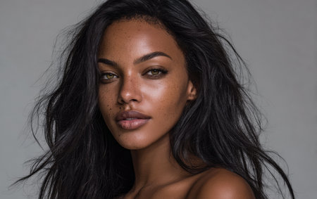 A woman with long, dark wavy hair and captivating eyes stands confidently in front of a plain backdrop. Her natural beauty and unique features shine through effortlessly.の素材