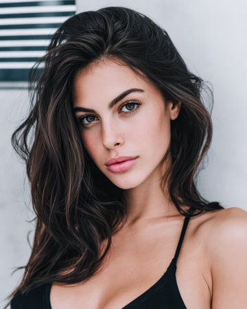 A young woman poses with wavy hair and a natural look in a stylish indoor setting. Soft light highlights her features, creating a calm and serene atmosphere.の素材